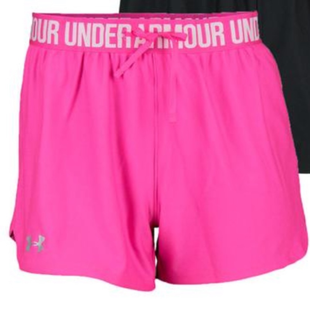 Neon pink Under Armour “play up” workout shorts.